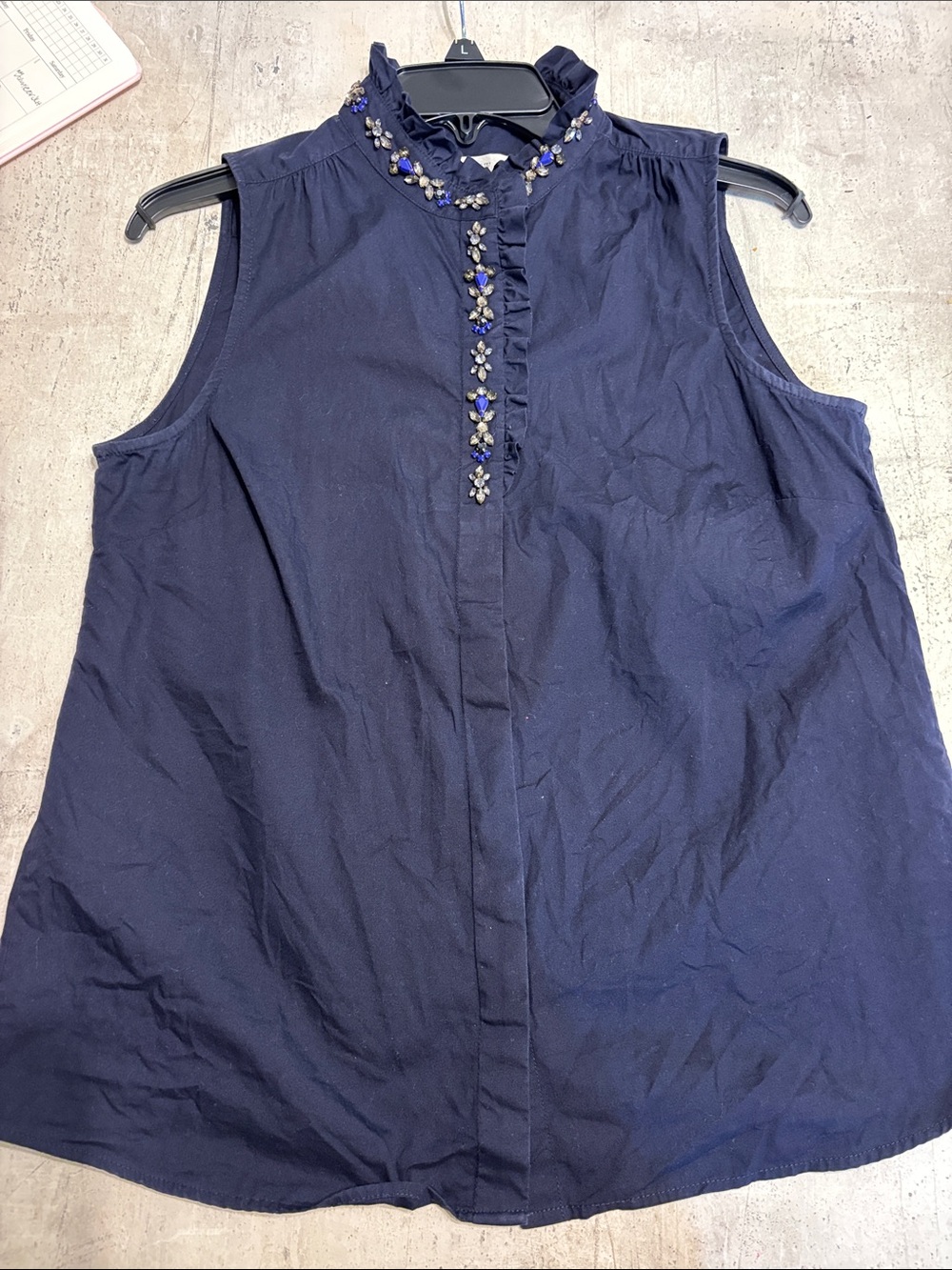 J.Crew Navy Sleeveless Beaded Ruffle-Neck button down